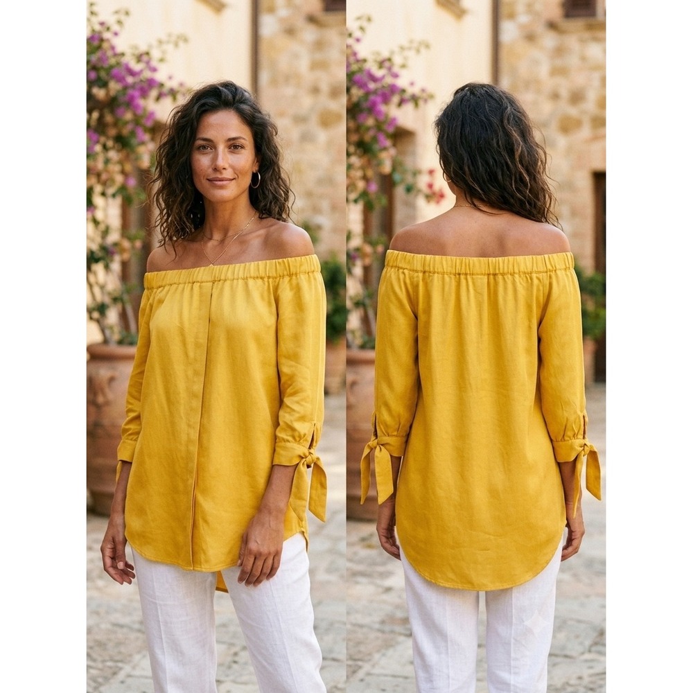 Pianoc Italy Mustard Yellow Off Shoulder Tunic Top Tie Sleeve Boho Blouse